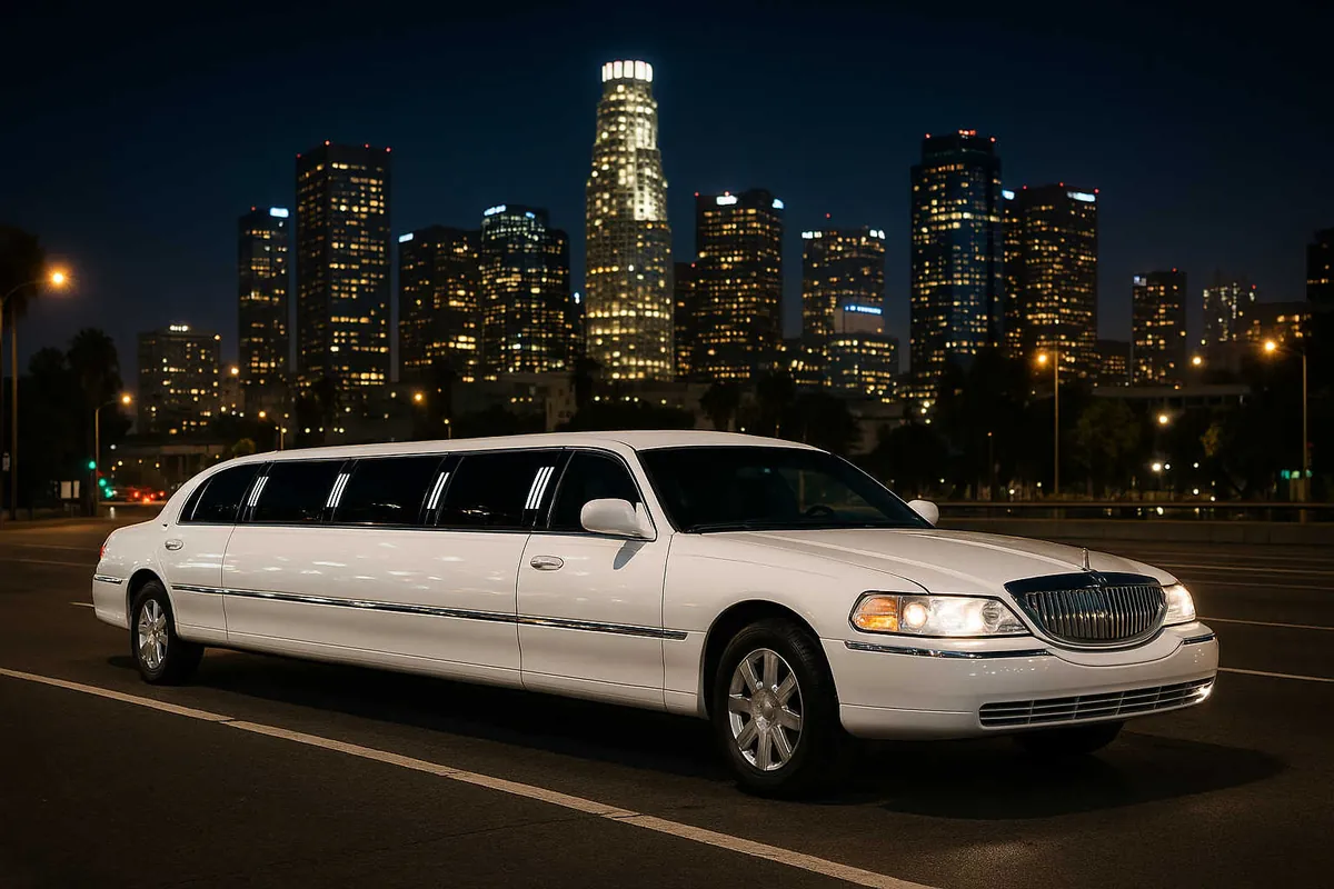 White stretch limousine with the downtown Los Angeles skyline at night