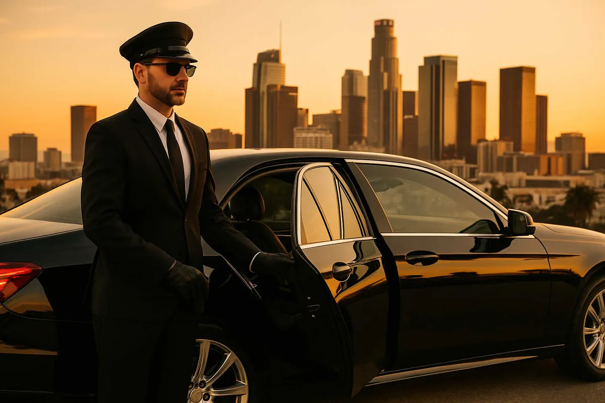 Chauffeur opening the door of a black sedan with the Los Angeles skyline at sunset