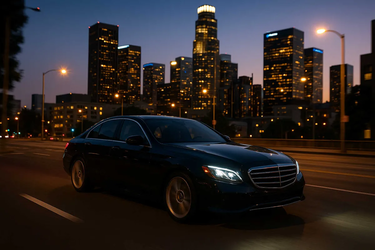 Point-to-point car service: black Mercedes sedan in downtown Los Angeles at dusk